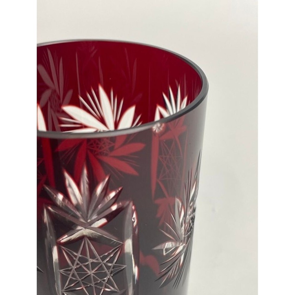 SET OF 4 RUBY RED BOHEMIAN CRYSTAL CUT TO CLEAR WHISKEY TUMBLER BAR GLASSES - Picture 2 of 14